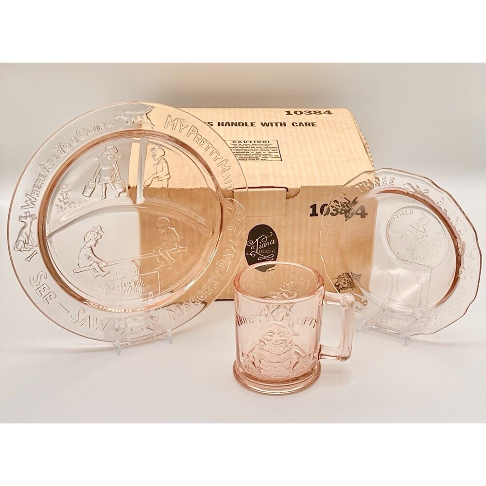 NIB Vintage 1984 Tiara Exclusives Peach Pink Nursery Rhyme Child Glass Set 10384